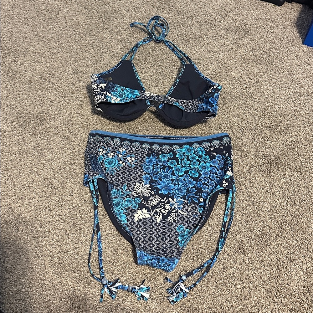 Johnny Was Blue Phoenix Halter Bikini Top and High Waist Bottom small - Picture 5 of 6